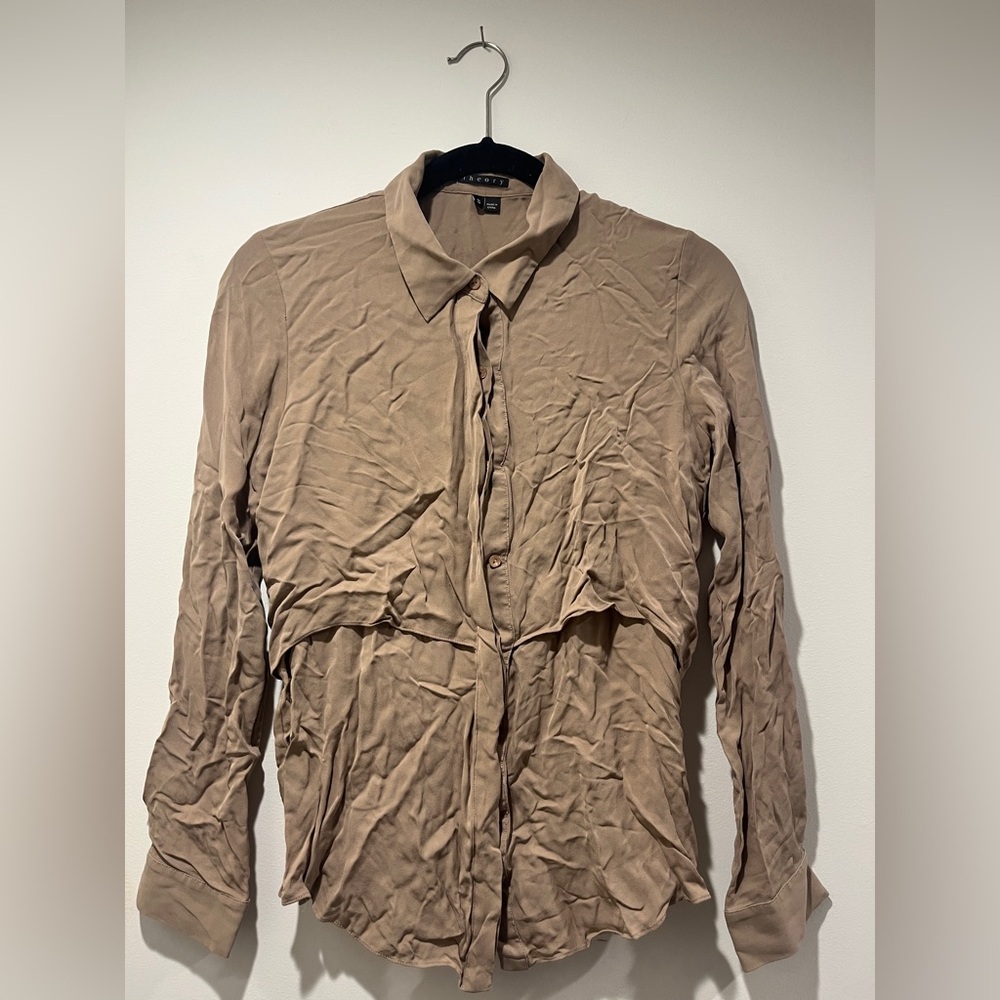 Theory Women’s Beige Button-up Silk Blouse Size M